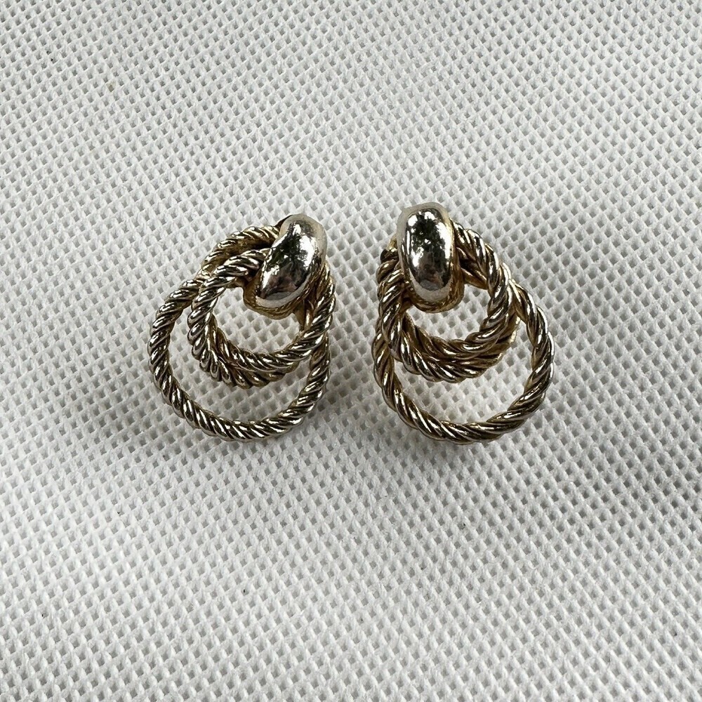 Vintage Earrings Pierced Twist Knot Gold Tone Metal Rope  Door Knocker Unsigned